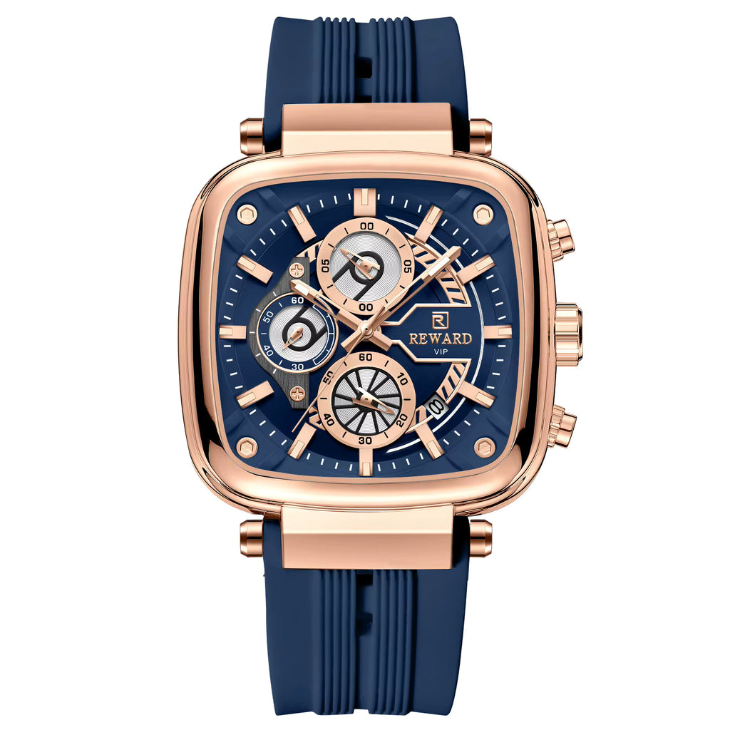 Luxury watch with blue strap and rose gold case on white background