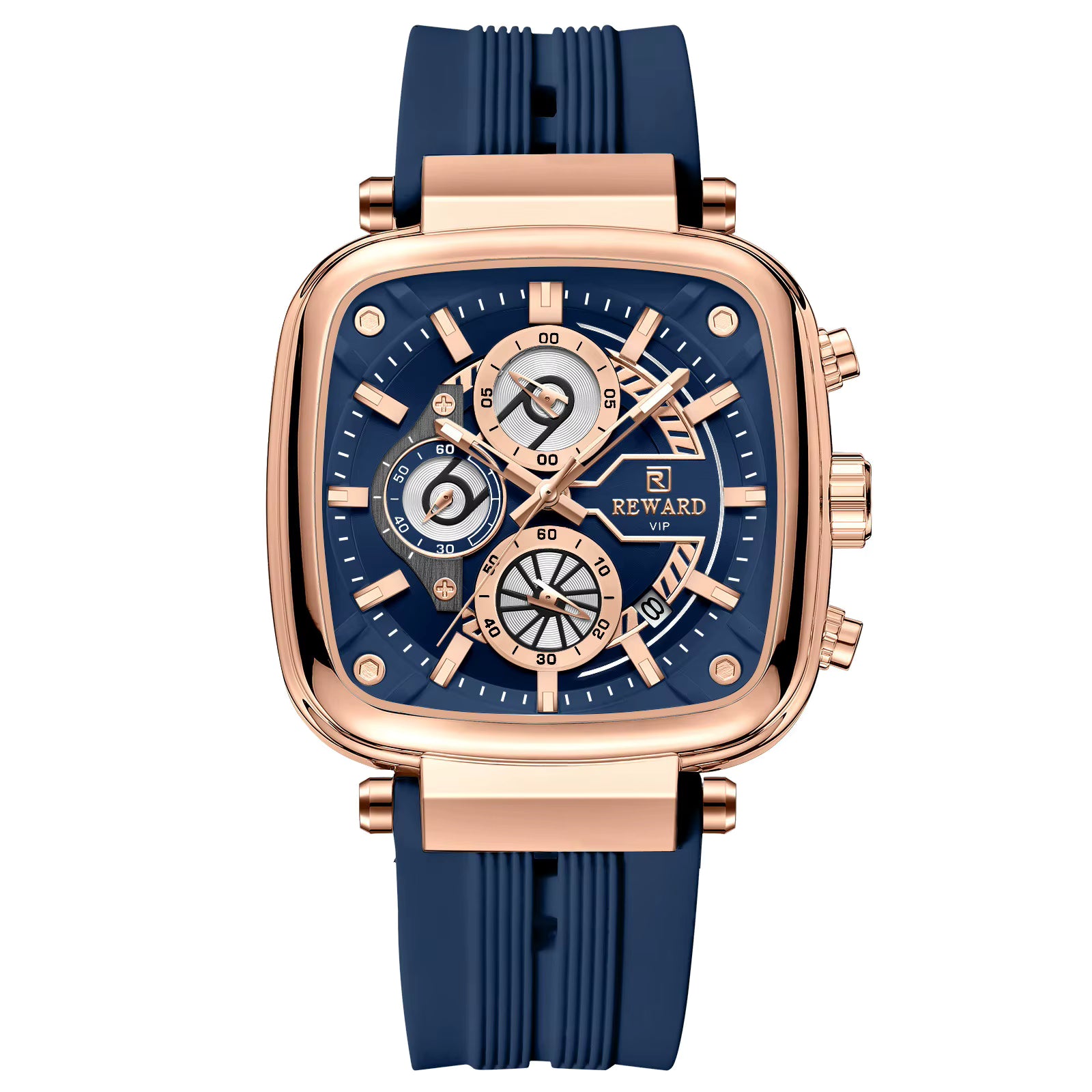 Luxury watch with blue strap and rose gold case on white background